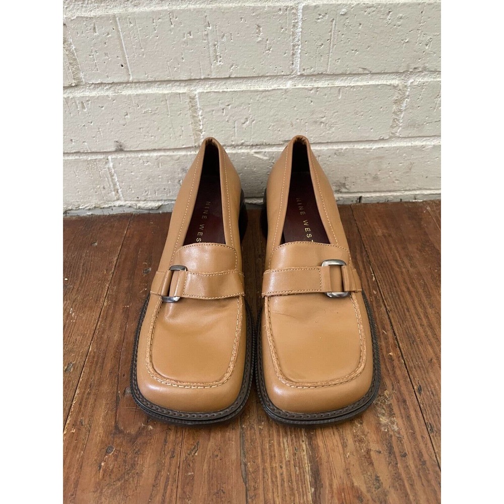 Nine West 1990s Tan Square Toe Chunky Heel Loafer with Buckle Size 6.5M
